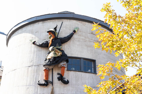 Gardner Village Witch Displays - witch splattered on the silo 