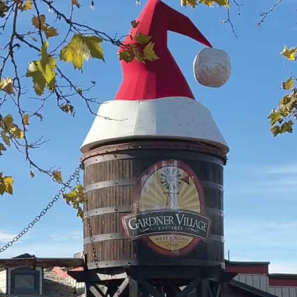 santa hat on the water tower